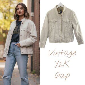 Vintage Y2K Gap Corduroy Sherpa Trucker Jacket Women's Sz L Tan Stretch Classic